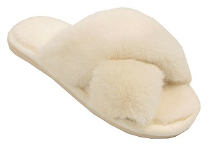 SIZE 3-4 WHITE LADIES FURRY SLIPPERS WOMEN FLUFFY SLIDERS CROSSOVER OPEN TOE FAUX FUR MULES
